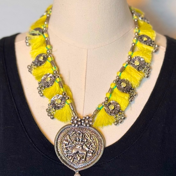 NORDSTROM Maximalist Boho Silver Yellow Fringe Tassel Crystal Statement Necklace - Picture 4 of 15